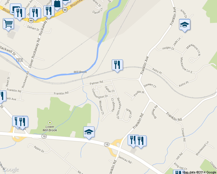 map of restaurants, bars, coffee shops, grocery stores, and more near 214 Sheffield Court in Denville