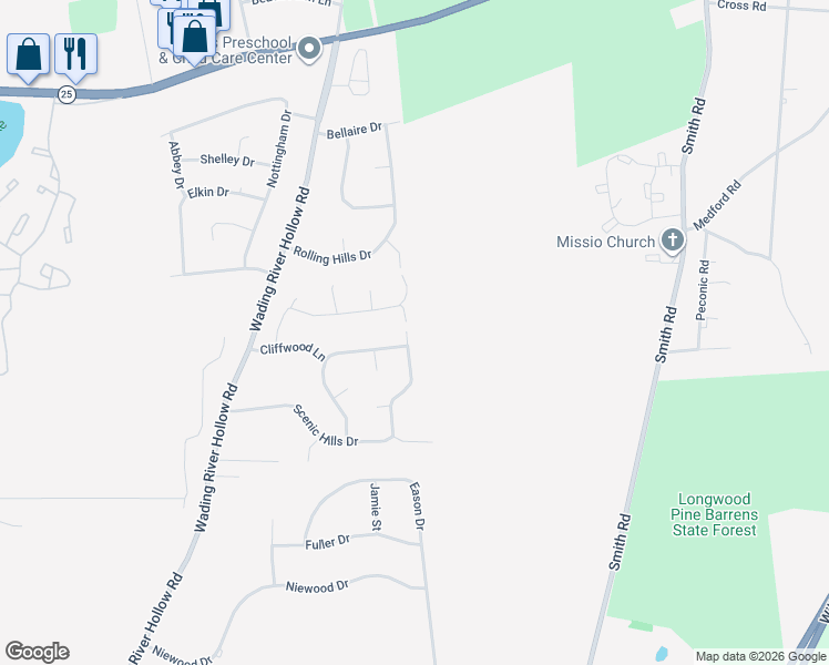 map of restaurants, bars, coffee shops, grocery stores, and more near 60 Scenic Hills Drive in Ridge