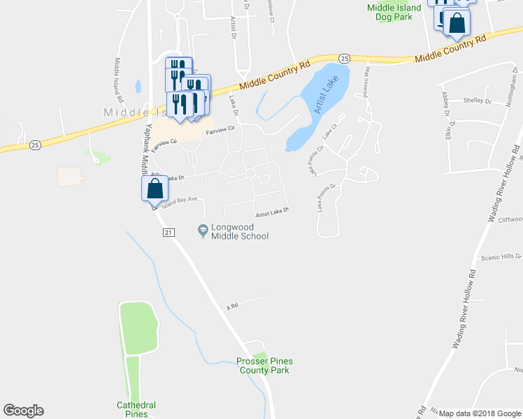 map of restaurants, bars, coffee shops, grocery stores, and more near 172 Artist Lake Drive in Middle Island
