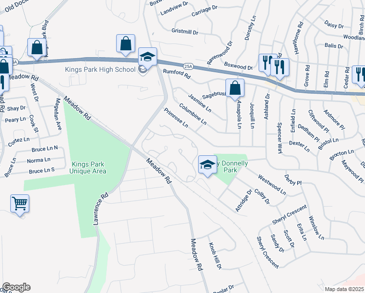 map of restaurants, bars, coffee shops, grocery stores, and more near 126 Lakebridge Drive North in Kings Park