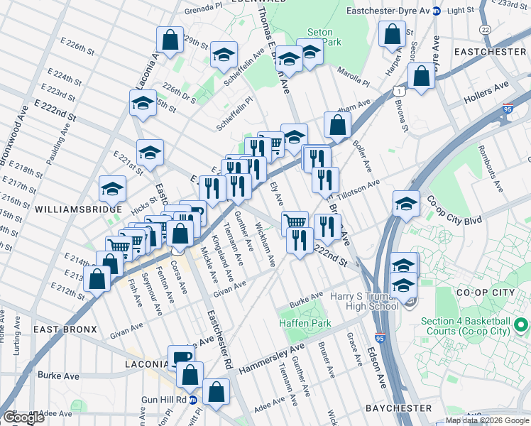map of restaurants, bars, coffee shops, grocery stores, and more near 3411 Wickham Avenue in The Bronx