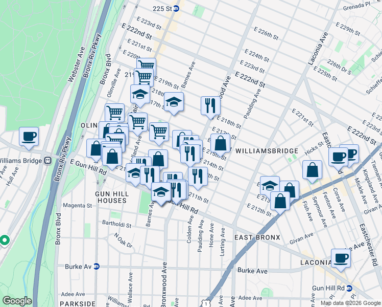 map of restaurants, bars, coffee shops, grocery stores, and more near 912 East 214th Street in Bronx