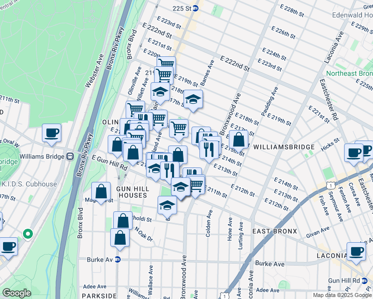 map of restaurants, bars, coffee shops, grocery stores, and more near 3537 Barnes Avenue in Bronx