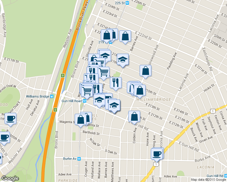map of restaurants, bars, coffee shops, grocery stores, and more near 3554 Carlisle Place in Bronx