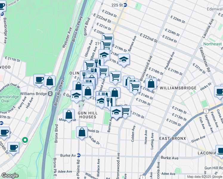 map of restaurants, bars, coffee shops, grocery stores, and more near 3554 Carlisle Place in Bronx