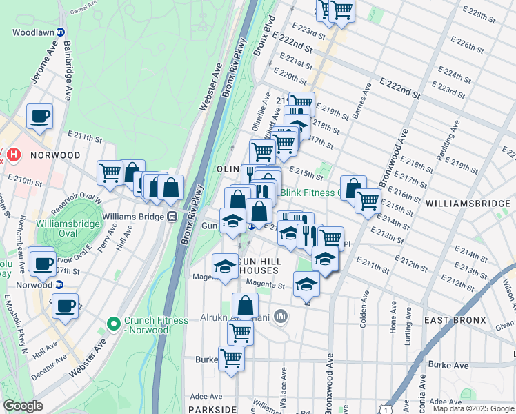 map of restaurants, bars, coffee shops, grocery stores, and more near 3513 White Plains Road in Bronx