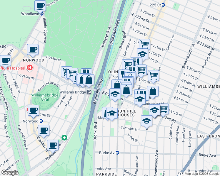 map of restaurants, bars, coffee shops, grocery stores, and more near in The Bronx