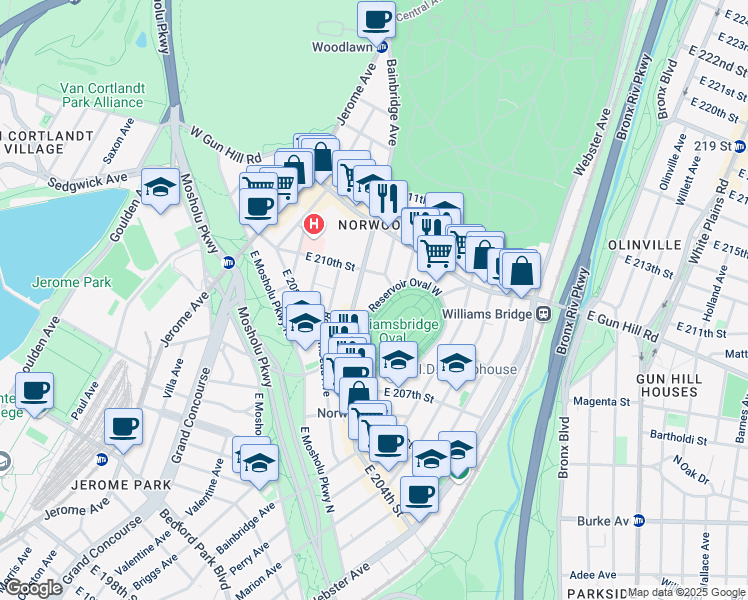 map of restaurants, bars, coffee shops, grocery stores, and more near 3324 Reservoir Oval East in Bronx