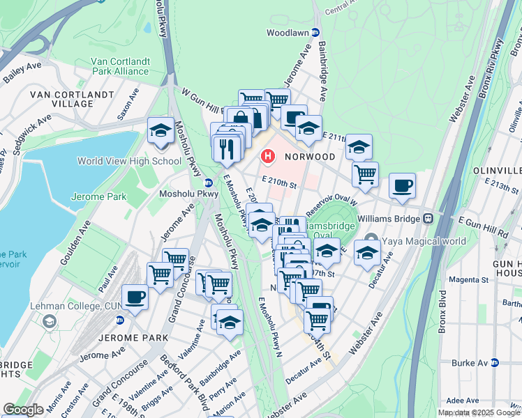 map of restaurants, bars, coffee shops, grocery stores, and more near 106 East 208th Street in Bronx