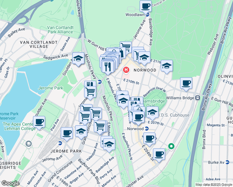 map of restaurants, bars, coffee shops, grocery stores, and more near 88 East 208th Street in Bronx