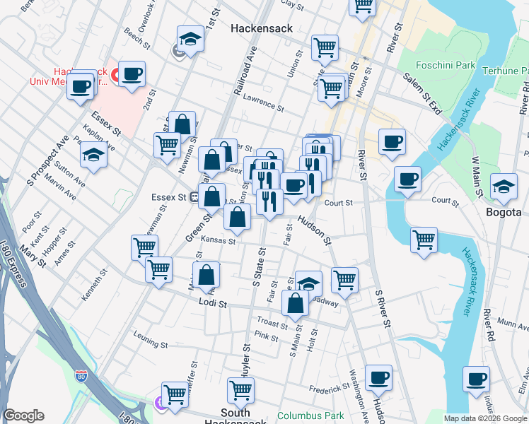 map of restaurants, bars, coffee shops, grocery stores, and more near in Hackensack