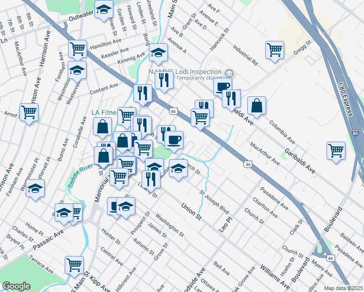 map of restaurants, bars, coffee shops, grocery stores, and more near 100 Church Street in Lodi