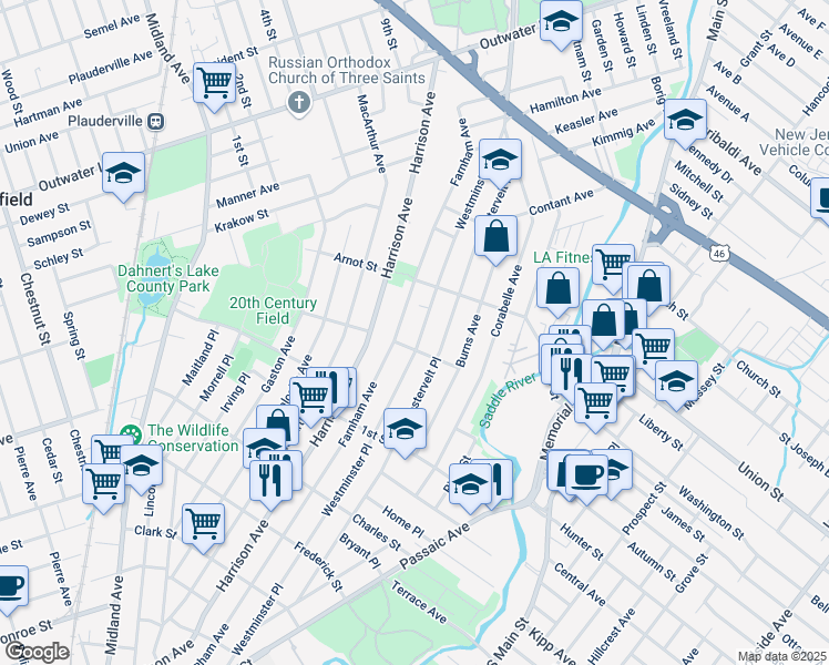 map of restaurants, bars, coffee shops, grocery stores, and more near 45 Willard Street in Lodi