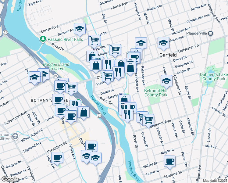 map of restaurants, bars, coffee shops, grocery stores, and more near 36 Lizette Street in Garfield