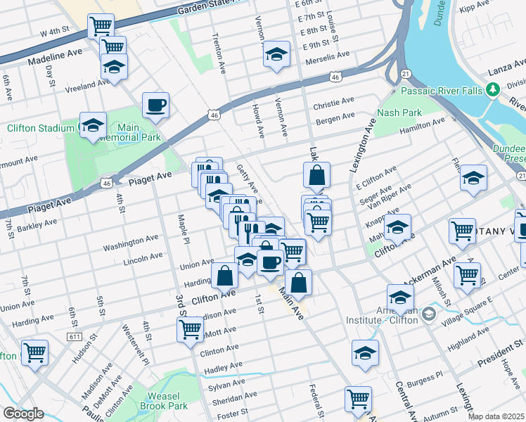 map of restaurants, bars, coffee shops, grocery stores, and more near 17 Washington Avenue in Clifton