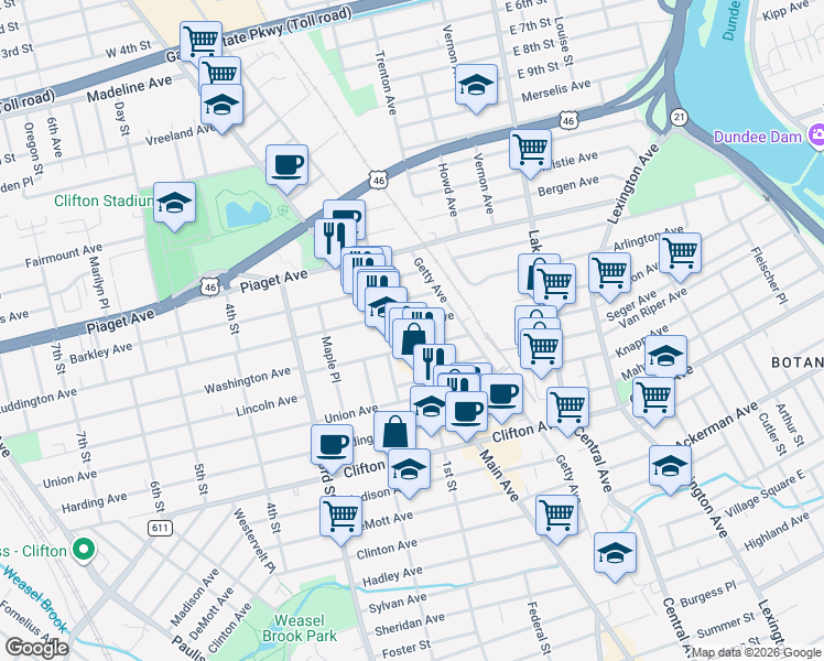 map of restaurants, bars, coffee shops, grocery stores, and more near 1232 Main Avenue in Clifton