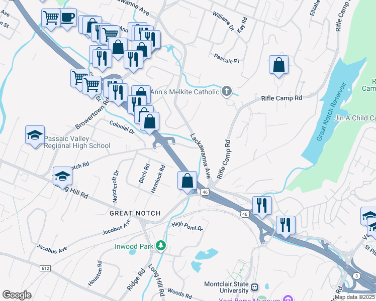 map of restaurants, bars, coffee shops, grocery stores, and more near 590-608 Lackawanna Avenue in Woodland Park