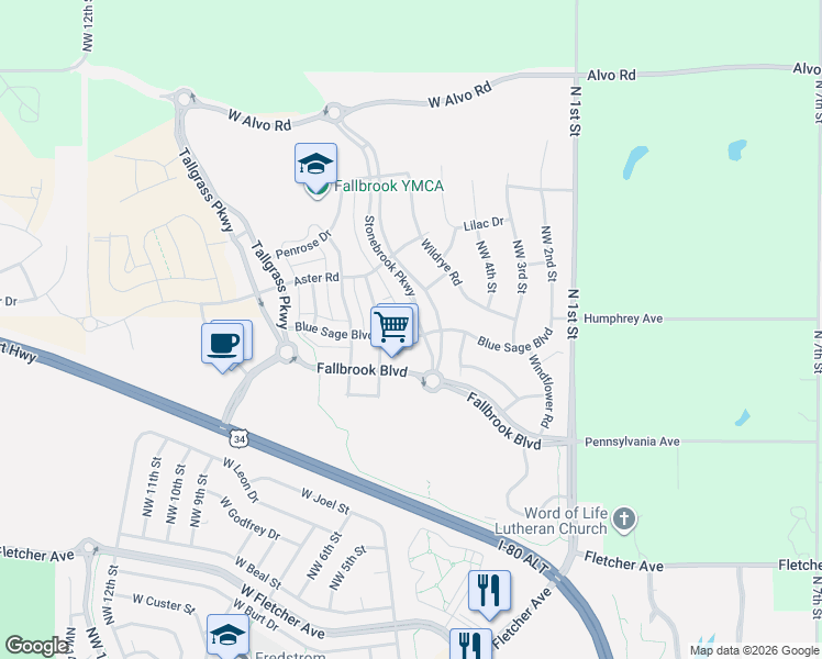 map of restaurants, bars, coffee shops, grocery stores, and more near 6545 Stonebrook Parkway in Lincoln