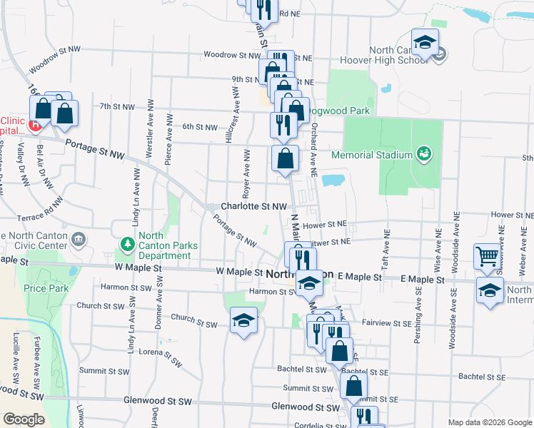 map of restaurants, bars, coffee shops, grocery stores, and more near 200 Charlotte Street Northwest in North Canton