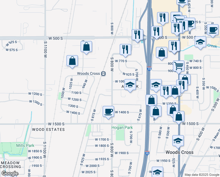 map of restaurants, bars, coffee shops, grocery stores, and more near 834 West 1175 South in Woods Cross