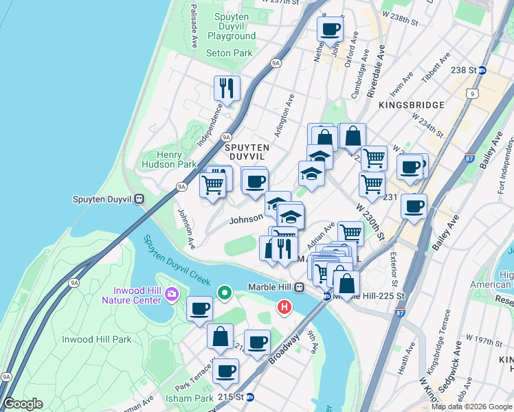 map of restaurants, bars, coffee shops, grocery stores, and more near 2600 Netherland Avenue in Bronx