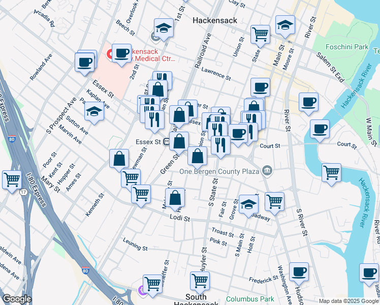 map of restaurants, bars, coffee shops, grocery stores, and more near 119 Essex Street in Hackensack