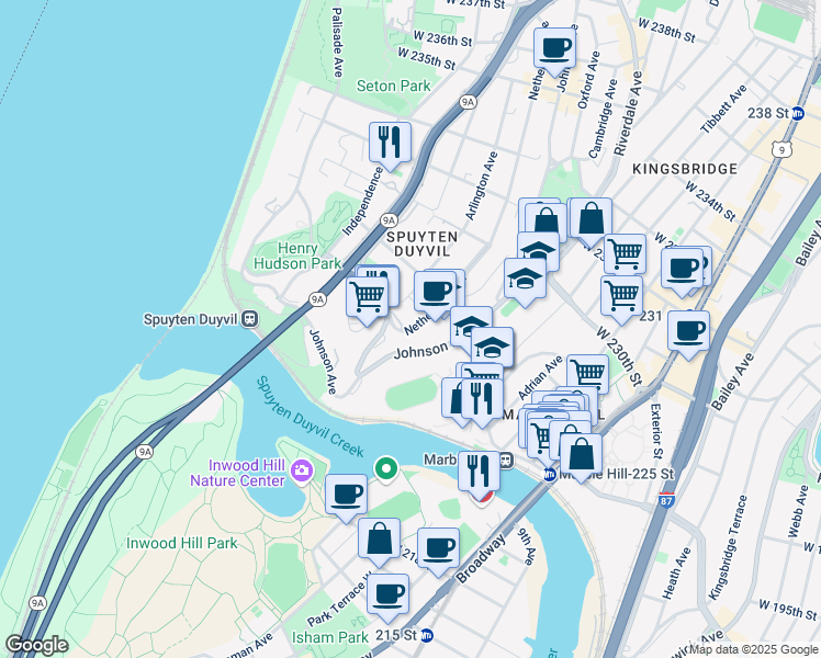 map of restaurants, bars, coffee shops, grocery stores, and more near 2614 Netherland Avenue in Bronx
