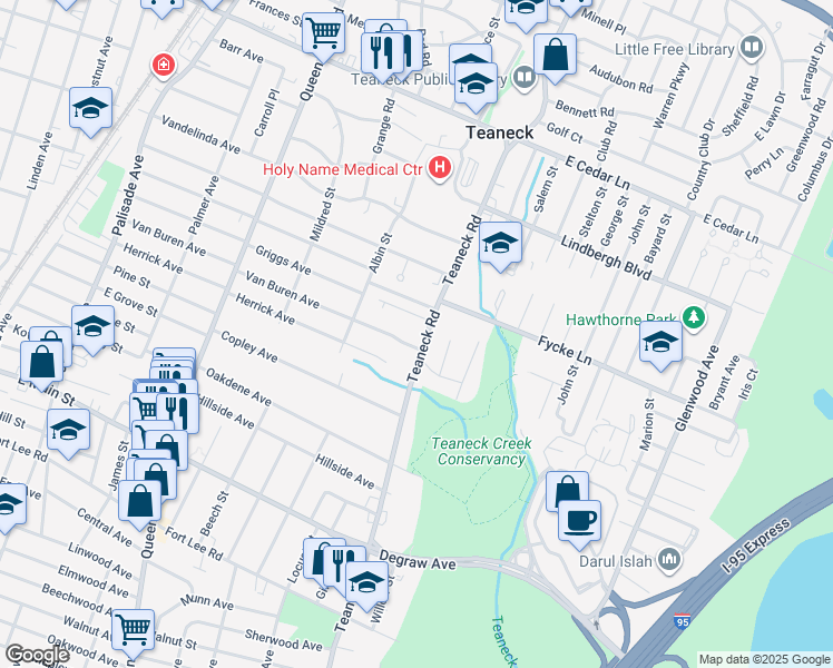 map of restaurants, bars, coffee shops, grocery stores, and more near 586 Teaneck Road in Teaneck