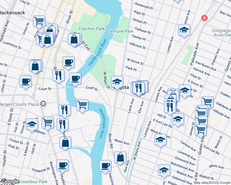 map of restaurants, bars, coffee shops, grocery stores, and more near 320 River Road in Bogota