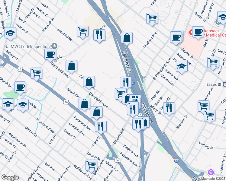 map of restaurants, bars, coffee shops, grocery stores, and more near 405 New Jersey 17 in Hackensack