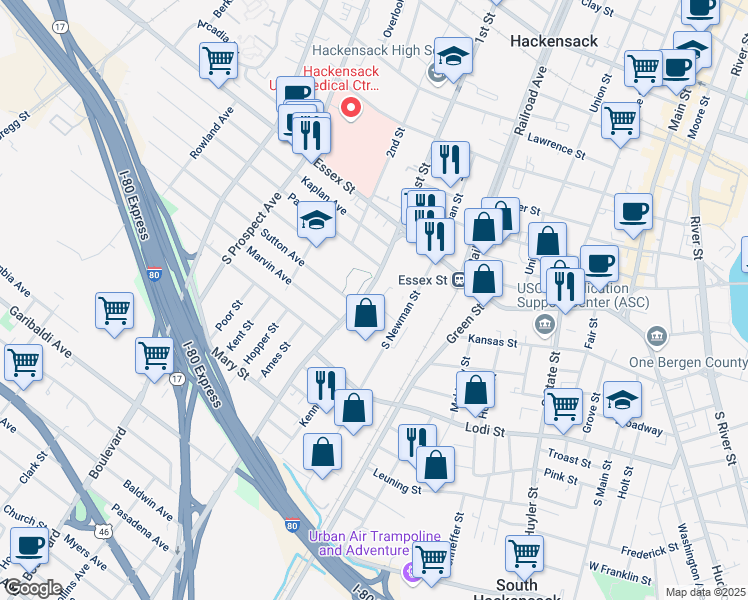 map of restaurants, bars, coffee shops, grocery stores, and more near 70 Polifly Road in Hackensack