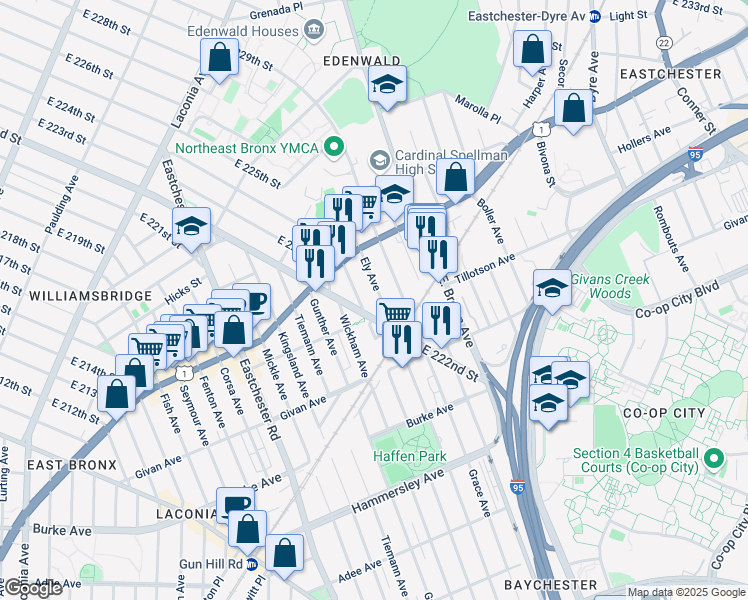 map of restaurants, bars, coffee shops, grocery stores, and more near 1375 East 222nd Street in Bronx