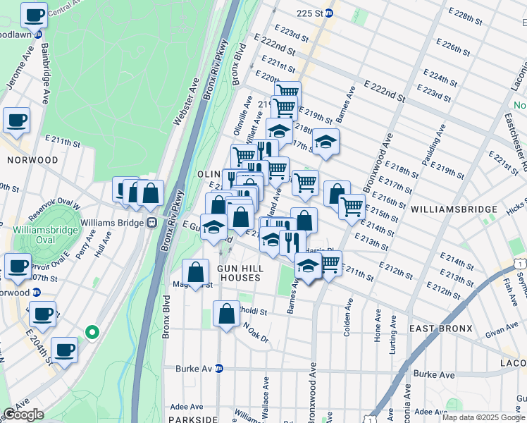 map of restaurants, bars, coffee shops, grocery stores, and more near 728 East 212th Street in Bronx
