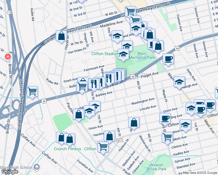 map of restaurants, bars, coffee shops, grocery stores, and more near 18 Delaware Street in Clifton