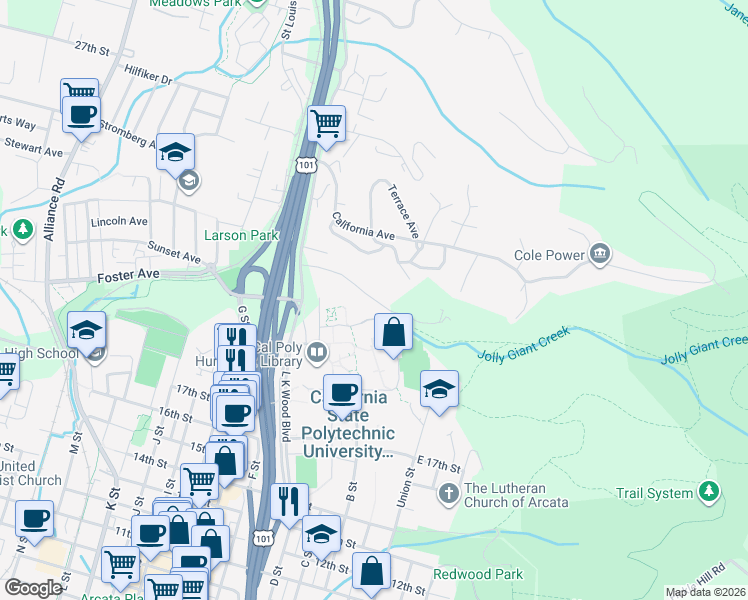map of restaurants, bars, coffee shops, grocery stores, and more near Granite Ave in Arcata
