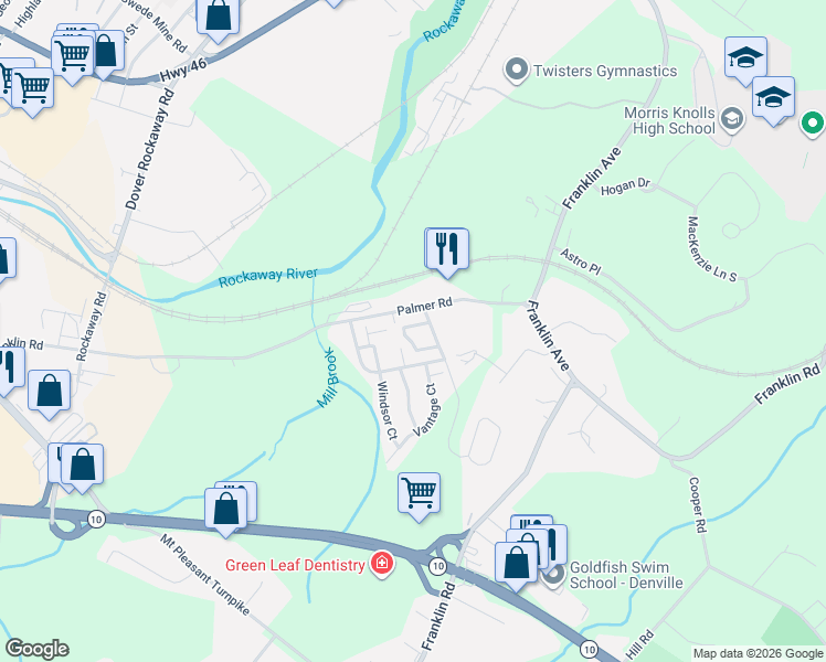 map of restaurants, bars, coffee shops, grocery stores, and more near 213 Sheffield Court in Denville