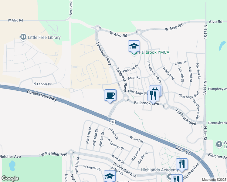 map of restaurants, bars, coffee shops, grocery stores, and more near Merchant Drive in Lincoln