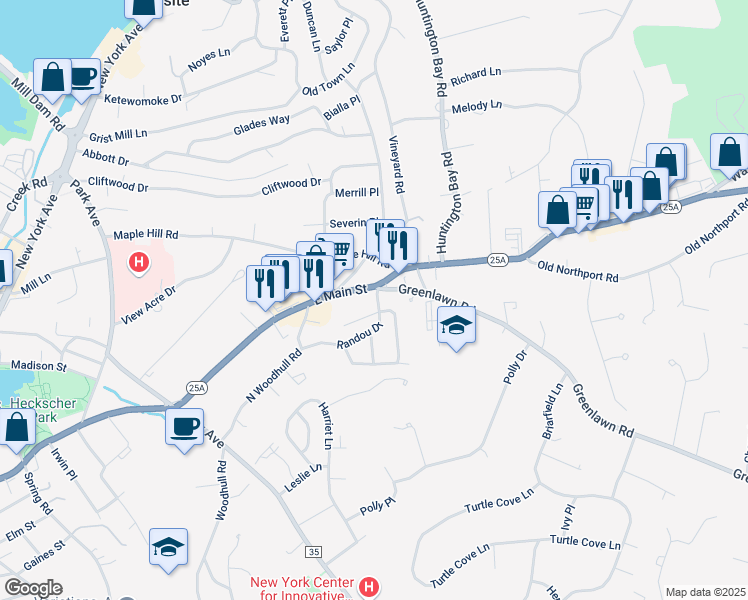 map of restaurants, bars, coffee shops, grocery stores, and more near in Huntington