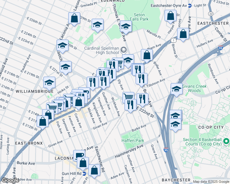 map of restaurants, bars, coffee shops, grocery stores, and more near 3411 Wickham Avenue in The Bronx