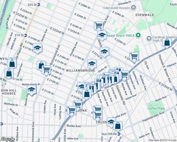 map of restaurants, bars, coffee shops, grocery stores, and more near 3577 Fish Avenue in Bronx