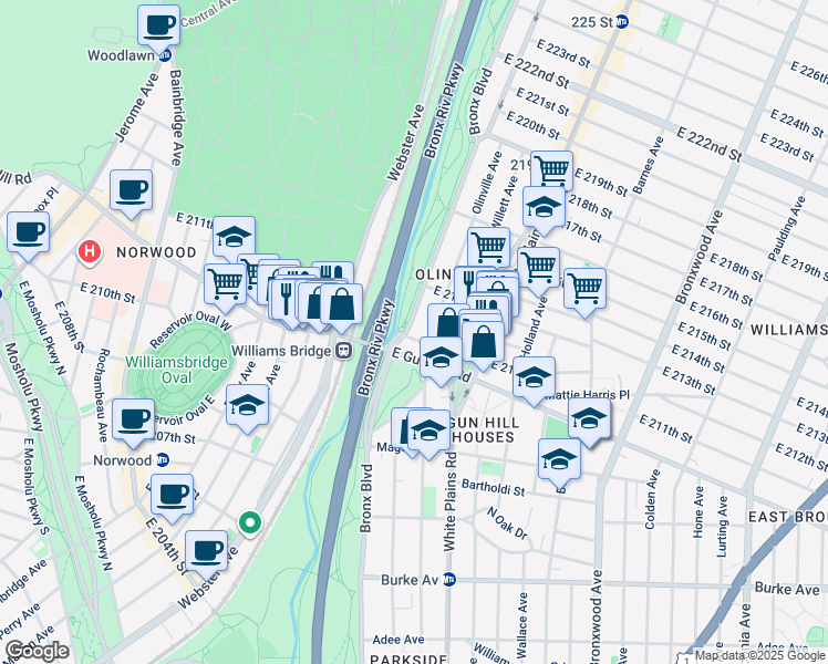 map of restaurants, bars, coffee shops, grocery stores, and more near 625 East Gun Hill Road in Bronx