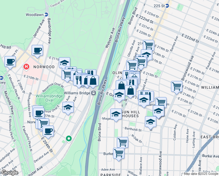 map of restaurants, bars, coffee shops, grocery stores, and more near 625 East Gun Hill Road in Bronx