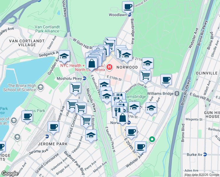 map of restaurants, bars, coffee shops, grocery stores, and more near 106 East 208th Street in The Bronx