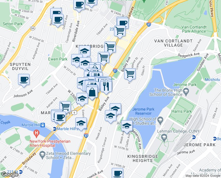 map of restaurants, bars, coffee shops, grocery stores, and more near 3100 Bailey Avenue in Bronx