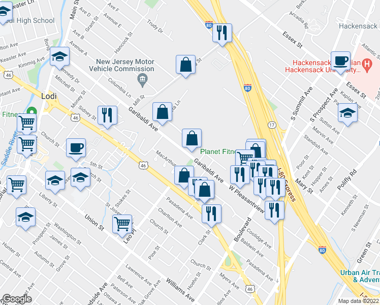 map of restaurants, bars, coffee shops, grocery stores, and more near Garibaldi Avenue in Lodi