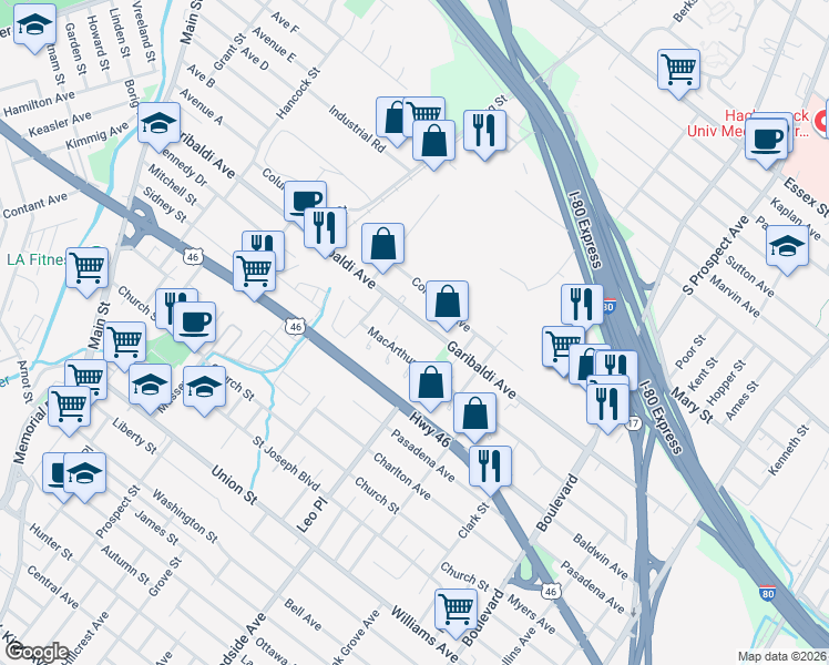 map of restaurants, bars, coffee shops, grocery stores, and more near 22 MacArthur Avenue in Lodi