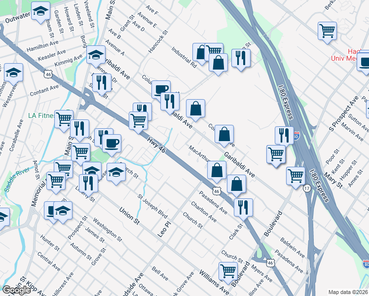 map of restaurants, bars, coffee shops, grocery stores, and more near 137 U.S. 46 in Lodi