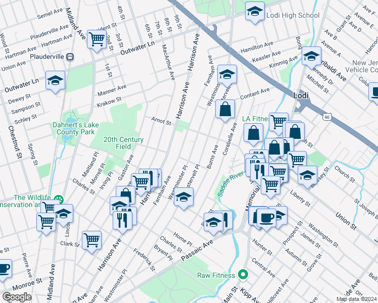 map of restaurants, bars, coffee shops, grocery stores, and more near 45 Willard Street in Lodi