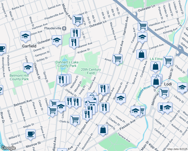 map of restaurants, bars, coffee shops, grocery stores, and more near 215 Malcolm Avenue in Garfield