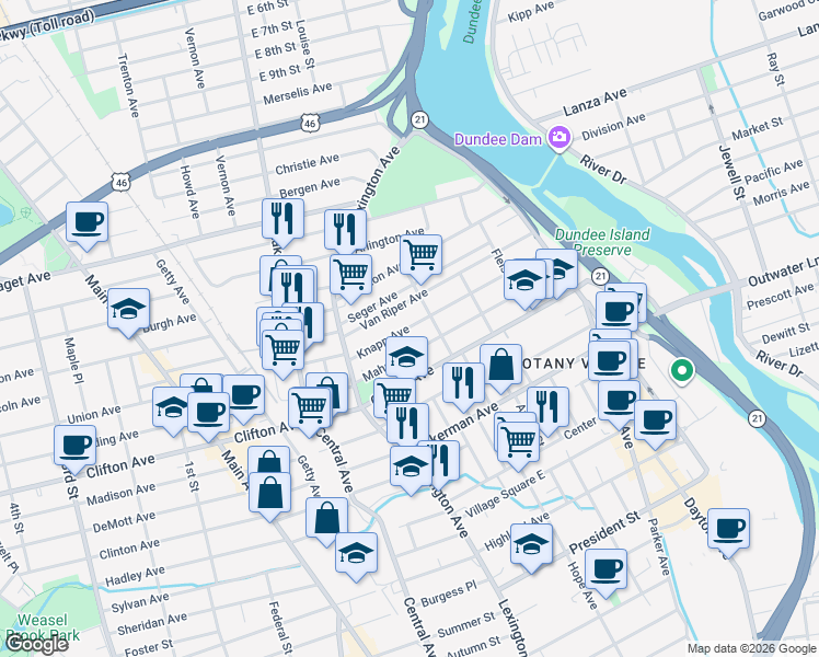 map of restaurants, bars, coffee shops, grocery stores, and more near 137 Mahar Avenue in Clifton
